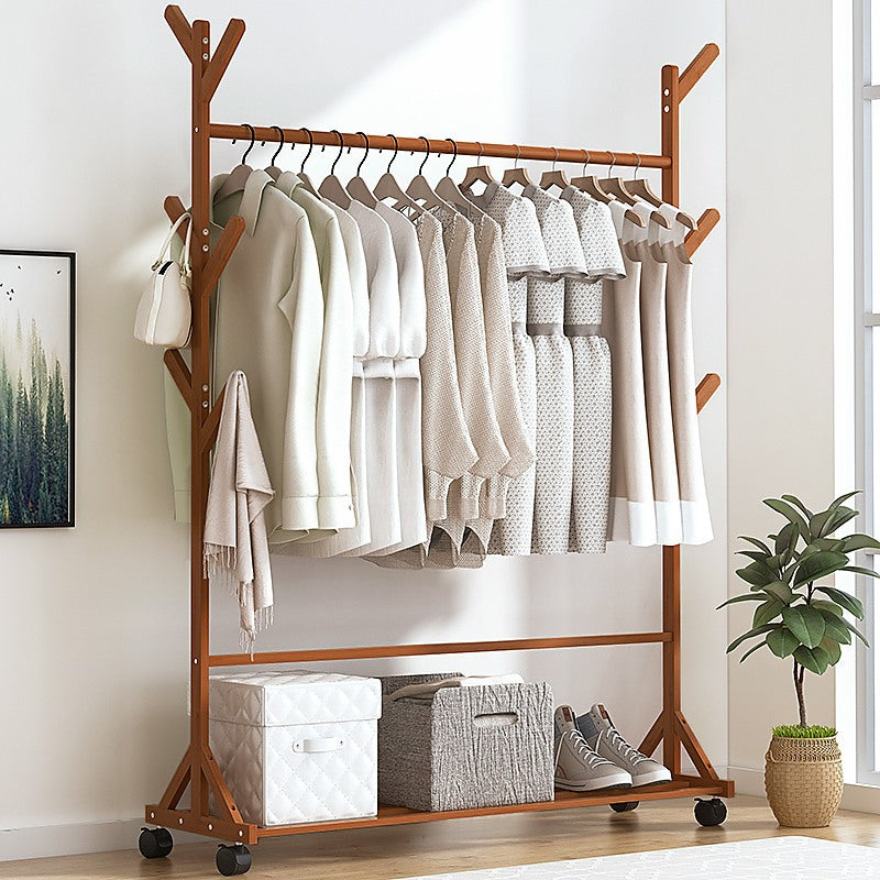 Portable Clothes Rack Coat Garment Stand – Bamboo Rail Hanger Closet Airer in Dark Wood