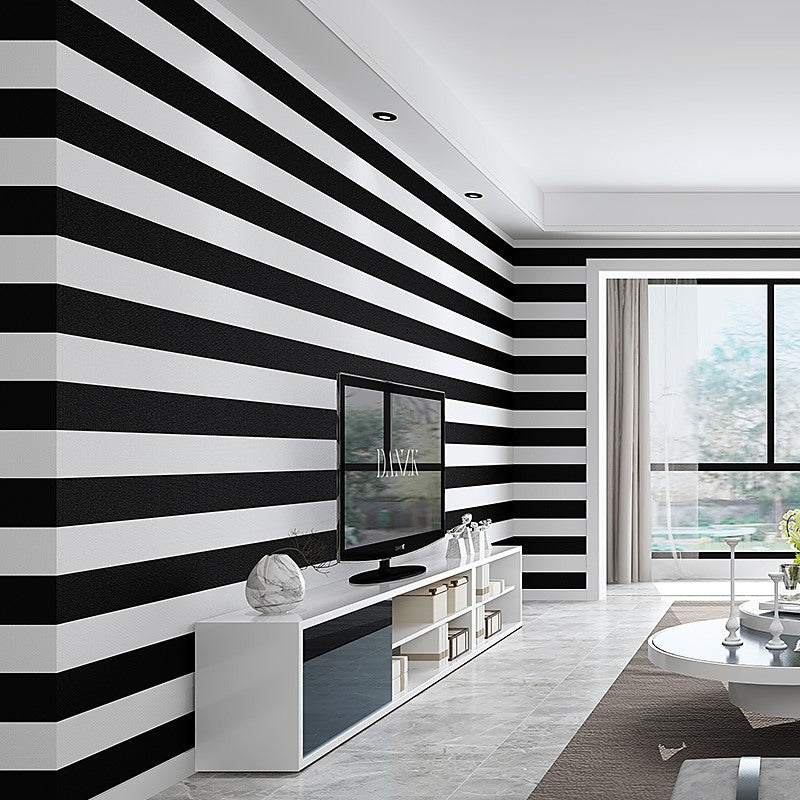 black and white horizontal striped walls