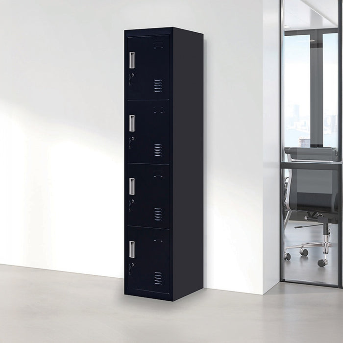 Black 4-Door Locker for Office Gym Shed School Home Storage - Standard Lock with 2 Keys