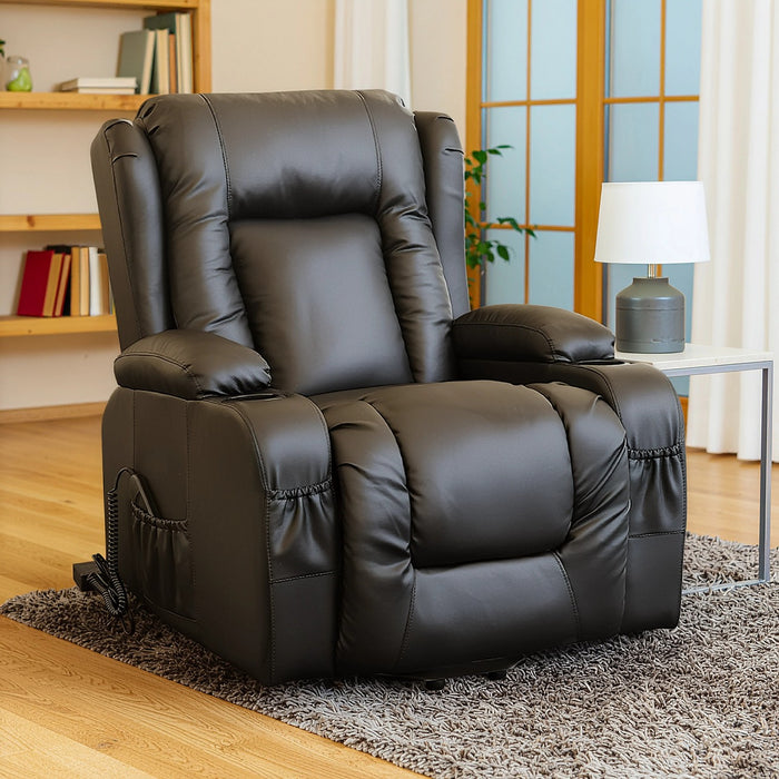 Electric Recliner Chair with Massage & Heat – PU Leather Lift Lounge Sofa in Black