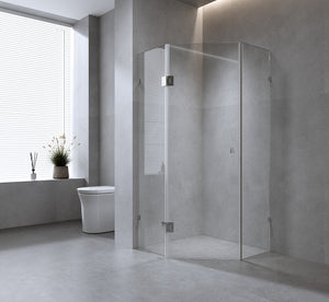 90cm Frameless Diamond Shower Screen with Gold Brackets and Brass Hinges, Square Knob Handle