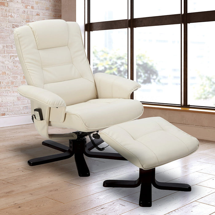PU Leather Massage Chair Recliner Ottoman Lounge Remote - Cream