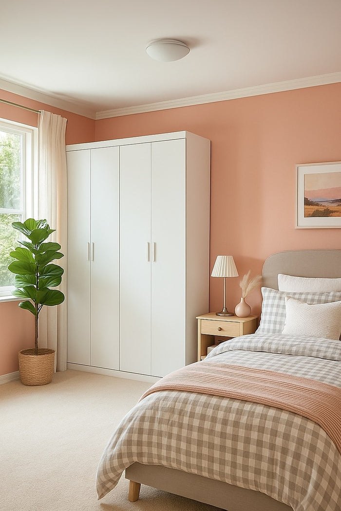 4 Door White Wardrobe Cabinet – Hanging Rail, Shelves & White Handles