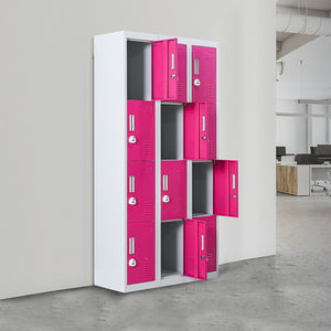 Grey with Pink Door 12-Door Locker for Office Gym Shed School Home Storage - 3-Digit Combination Lock