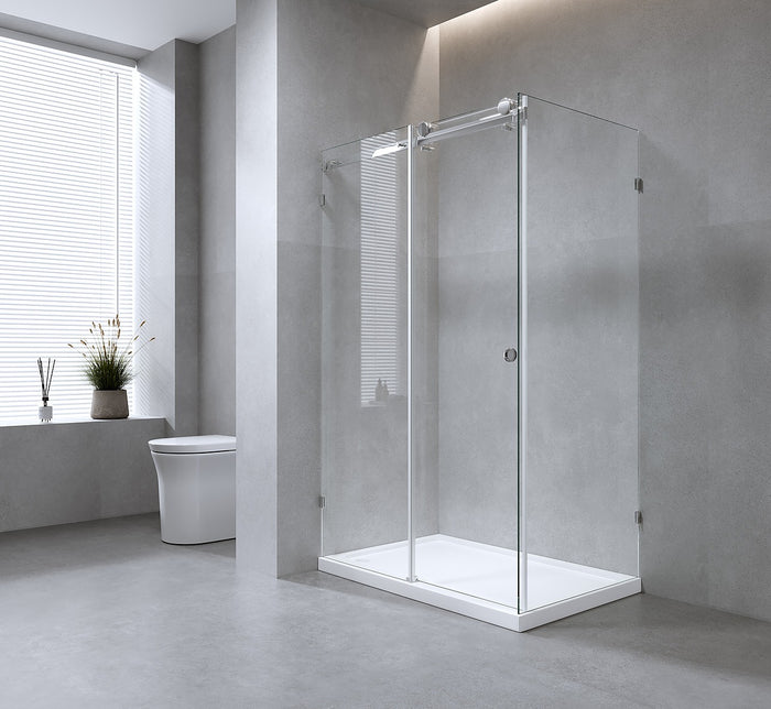 170x90cm Frameless Glass Sliding Corner Shower with Chrome Rail and Hardware