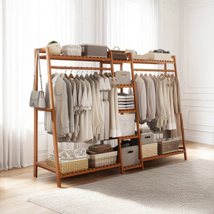 190cm Freestanding Bamboo Clothing Rack – Dark Wood Bedroom Rail
