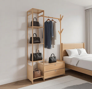 165x100cm Bamboo Clothes Rack Stand with Storage Shelves – Freestanding Garment Organiser in Wood