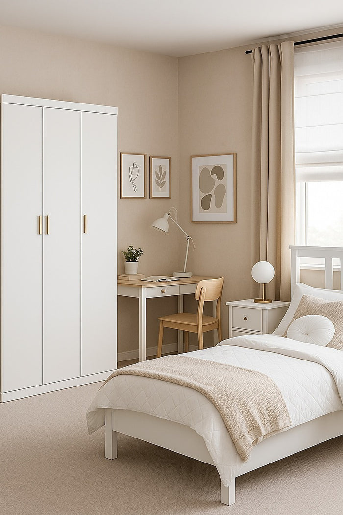3 Door White Wardrobe – Gold Handles, Hanging Rail & Shelves