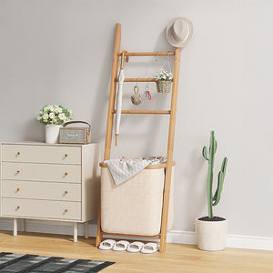 Wall Leaning Ladder Shelf with Laundry Basket Clothes Hamper Bath Towel Rack