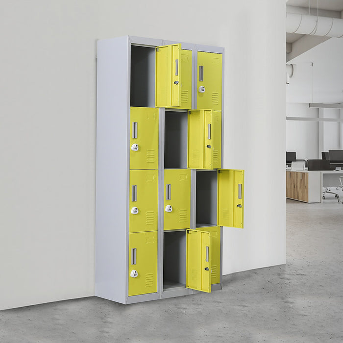 12 Door Locker for Office Gym School Home in Grey with Yellow Door - 3-Digit Combination Lock