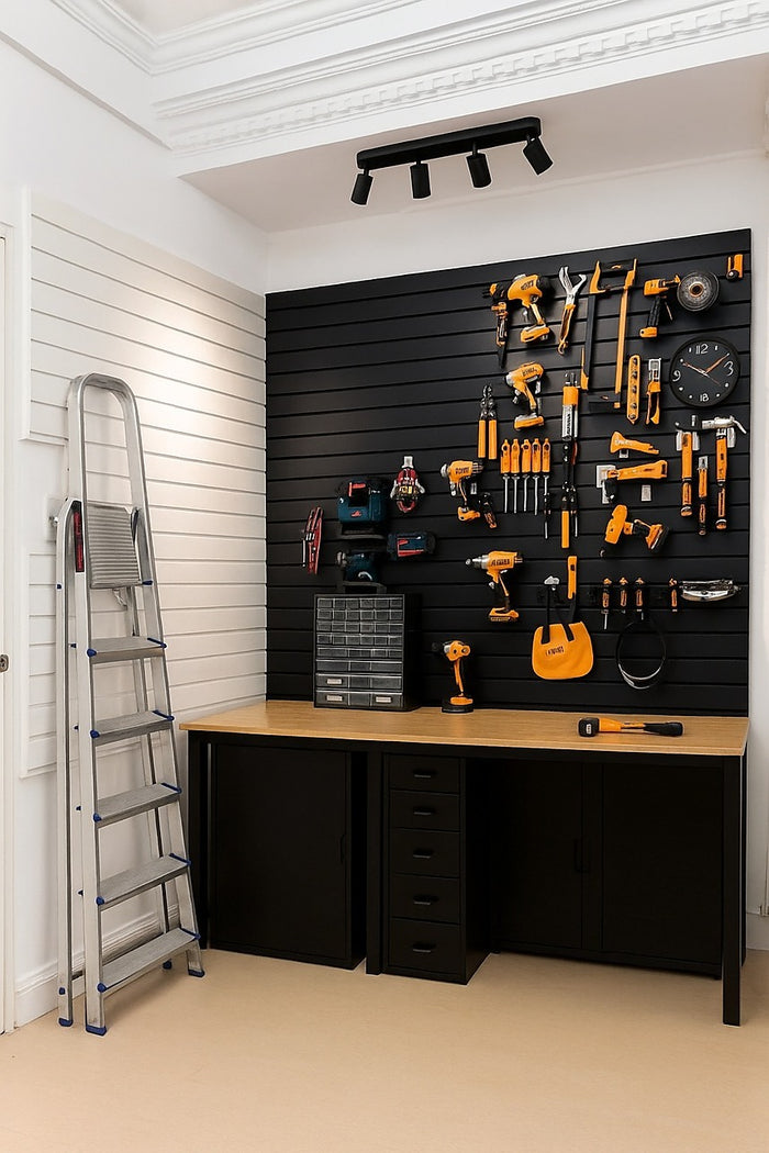 Slatwall Storage Pack – Retail Display & Garage Wall Organiser System Black PVC Panels