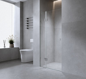 90cm Wall to Wall Frameless Shower Screen with Nickel Brackets and Brass Hinges, Round Handle