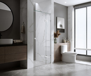 90cm Wall to Wall Frameless Shower Screen with Gold Brackets and SS Hinges, Round Knob Handle