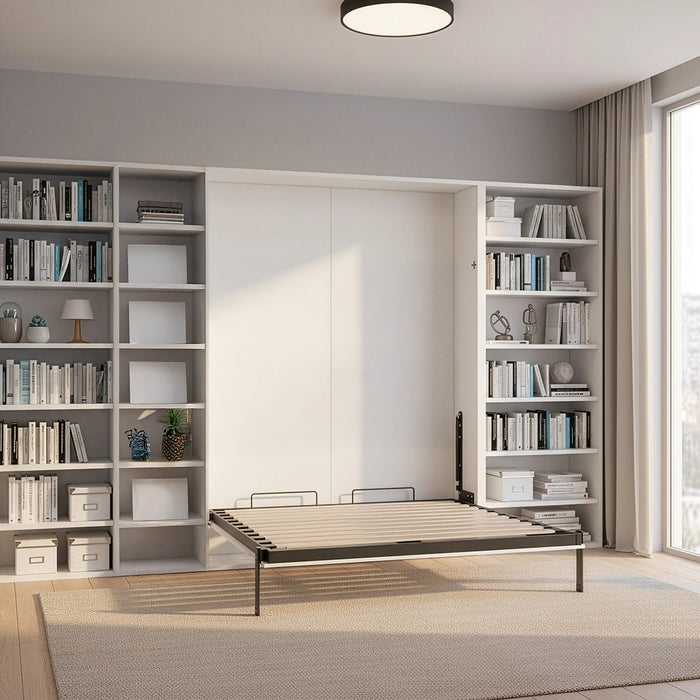 Double Wall Bed in White – Space Saving Murphy Bed Kit with Silver Door Handle