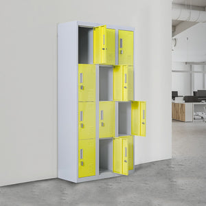 Grey with Yellow Door 12-Door Locker for Office Gym Shed School Home Storage - Standard Lock with 2 Keys