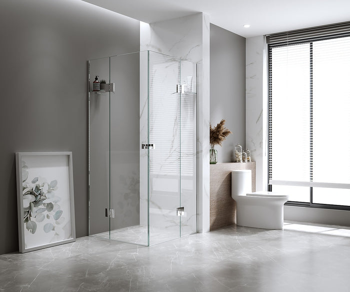 100x100cm Double Door Corner Shower Screen – Channels with Brass Hinges in White, Square double pull Handles