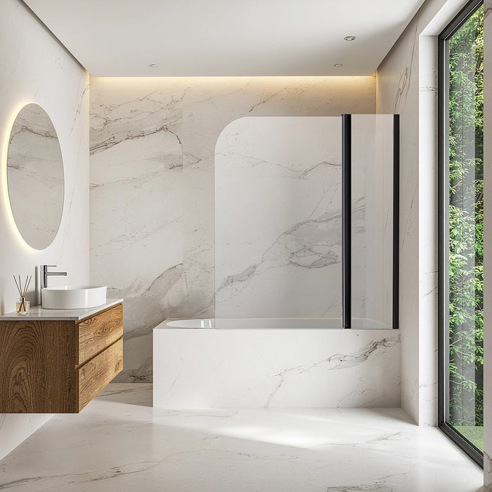 180° 120 x 140cm Pivot Door 6mm Safety Glass Bath Shower Screen – Black Modern Bathroom Style