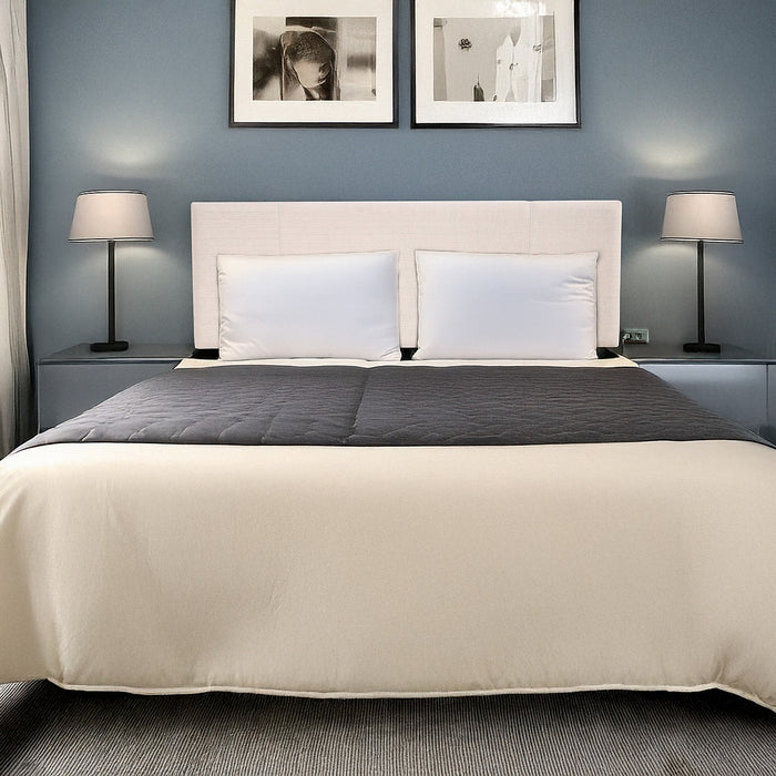 Queen Headboard with Legs – Upholstered Beige Linen Fabric, Minimalist Bedhead