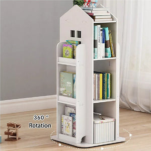 Rotating Bookcase Bookshelf Kids Book Organiser Rack Wooden Castle Display Shelf