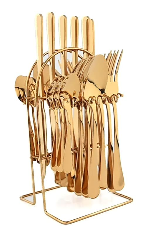 Tableware 24PC Gold Cutlery Set SS304 Household Knife Fork Spoon Kitchen with Storage Rack Dinner Service