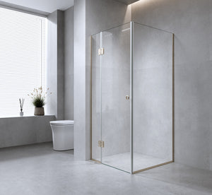 100x90cm Corner Frameless Shower Screen with Chrome Channel and Brass Hinges, Round Handle