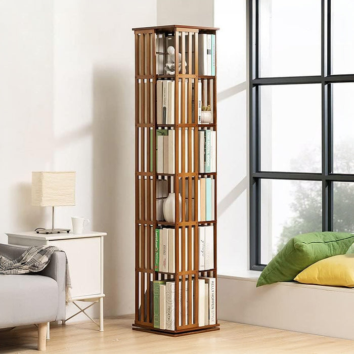 360 Rotating Bookshelf Bamboo Storage Display Rack Shelving in Dark Wood