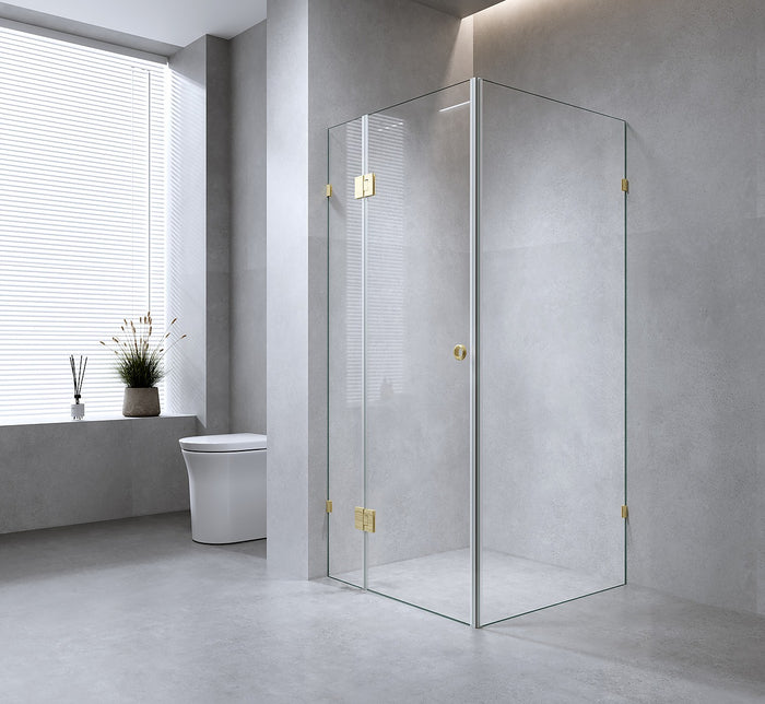 110x80cm Corner Frameless Shower Screen with Gold Brackets and SS Hinges