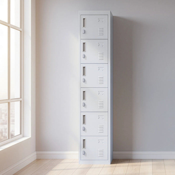 6-Door Grey Metal Locker Cabinet – Vertical Storage with Padlock-operated for Office, School