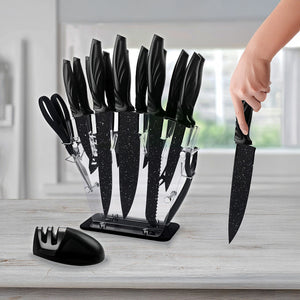 Kitchen 17 Pc Knife Set w/ Block & Sharpener Chef Bread Steak Knives