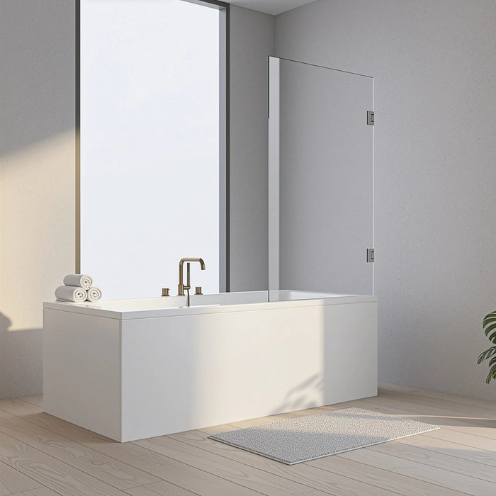 70cm Frameless Swing Bath Screen – White Hardware with Brass hinge for Modern Bathrooms