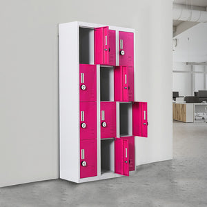 Grey with Pink Door 12-Door Locker for Office Gym Shed School Home Storage - 4-Digit Combination Lock