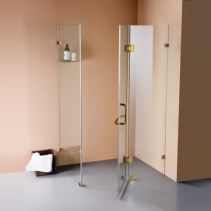 Frameless 10mm Glass Shower Screen 90 x 80cm GOLD Hinges/Brackets and ROUND Handle