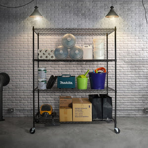 Modular Wire Storage Shelf 1500 x 450 x 1920mm Steel Shelving - Baking Black Technology with Wheels
