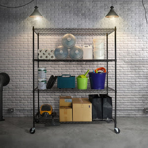 Modular Wire Storage Shelf 1500 x 450 x 1920mm Steel Shelving - Baking Black Technology with Wheels