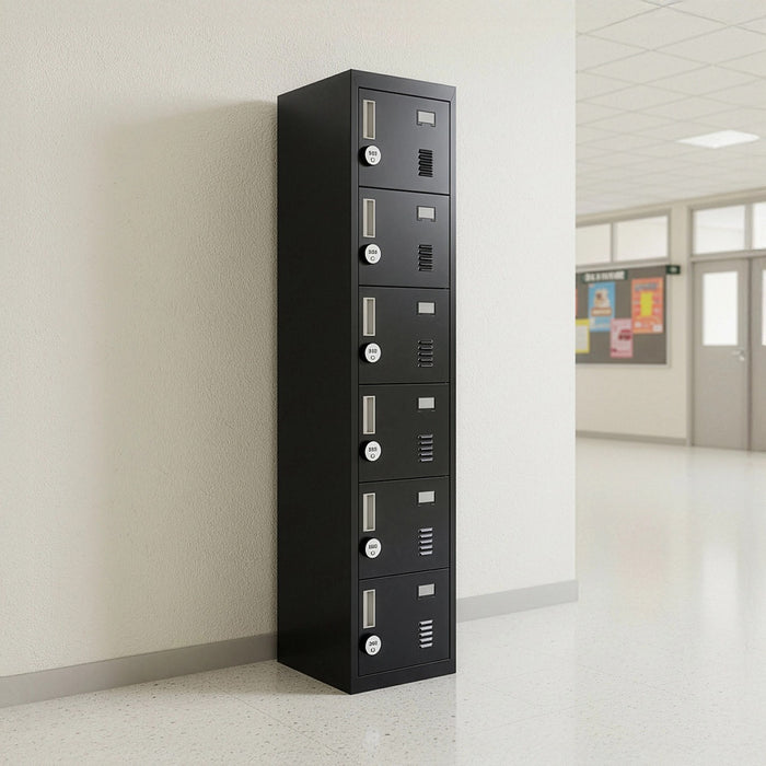 6-Door Black Metal Locker Cabinet – Vertical Storage with 4-Digit Combination Lock for Office, School