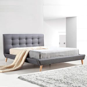Double Linen Fabric Bed with Button Tufted Headboard - Grey