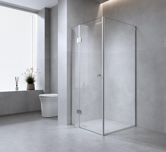 120x100cm White Corner Frameless Shower Screen with Wall Channel Brackets, Stainless Steel Hinges & Round Knob Handle