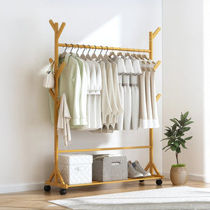 Portable Clothes Rack Coat & Garment Stand – Bamboo Rail Hanger Closet Airer in Wood