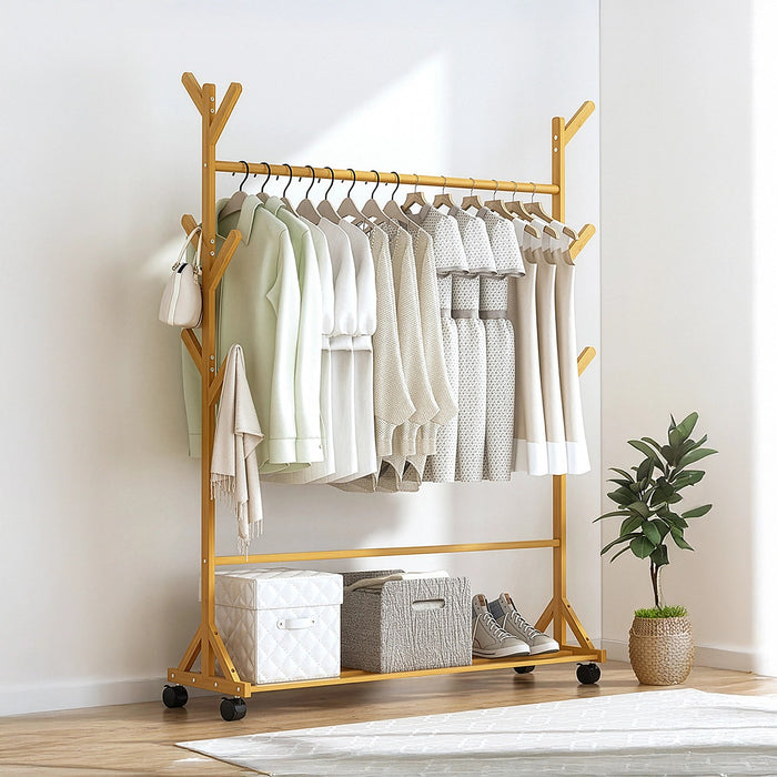 Portable Clothes Rack Coat & Garment Stand – Bamboo Rail Hanger Closet Airer in Wood