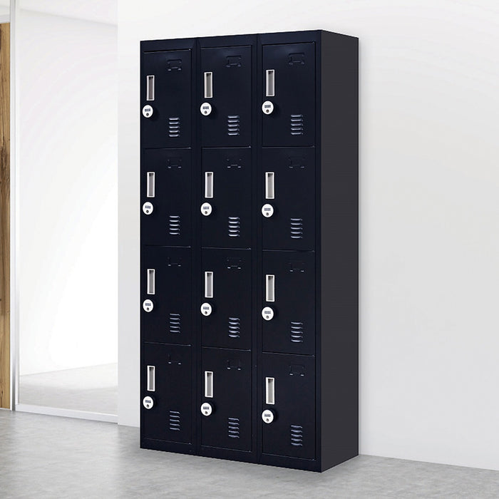 12 Door Locker for Office Gym School Home in Black - 4-Digit Combination Lock