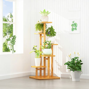 5 Tiers Vertical Bamboo Plant Stand Staged Flower Shelf Rack Outdoor Garden - Wood