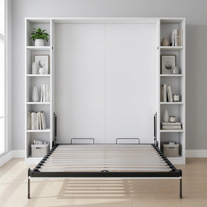 Queen Wall Bed in White – Space Saving Murphy Bed Kit with Gold Door Handle