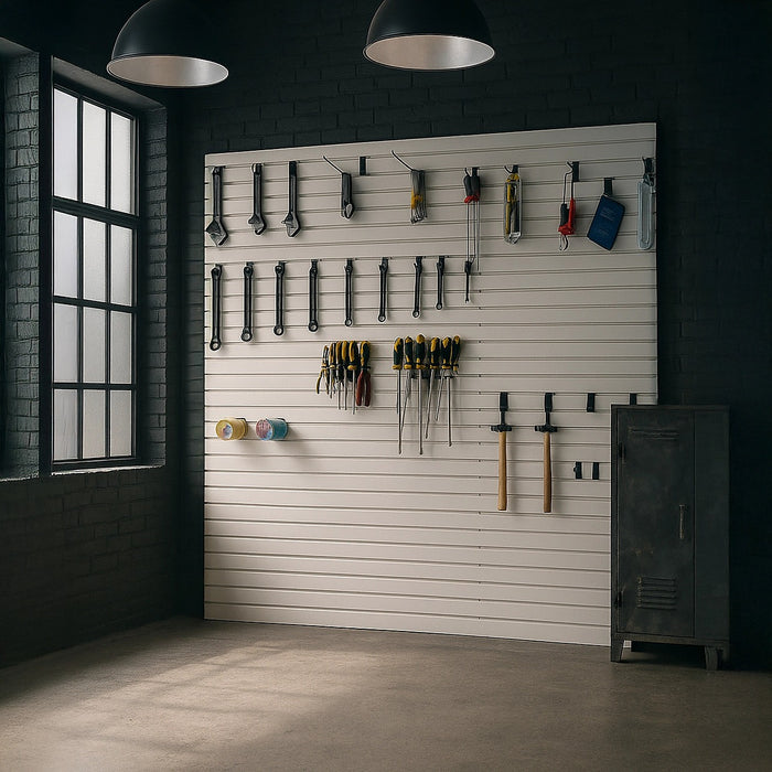 Slatwall Storage Pack – Retail Display & Garage Wall Organiser System White PVC Panels