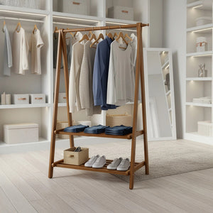 Portable Clothes Rack & Coat Garment Stand – Bamboo Rail Hanger Closet Airer in Dark Wood