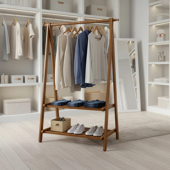 Portable Clothes Rack & Coat Garment Stand – Bamboo Rail Hanger Closet Airer in Dark Wood