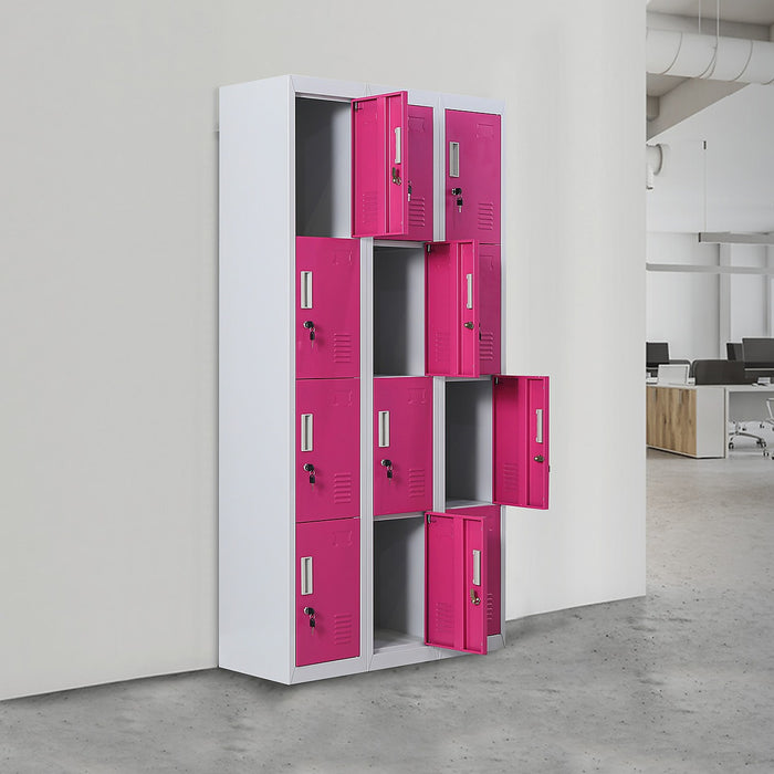 12 Door Locker for Office Gym School Home in Grey with Pink Door - Standard Lock with 2 Keys