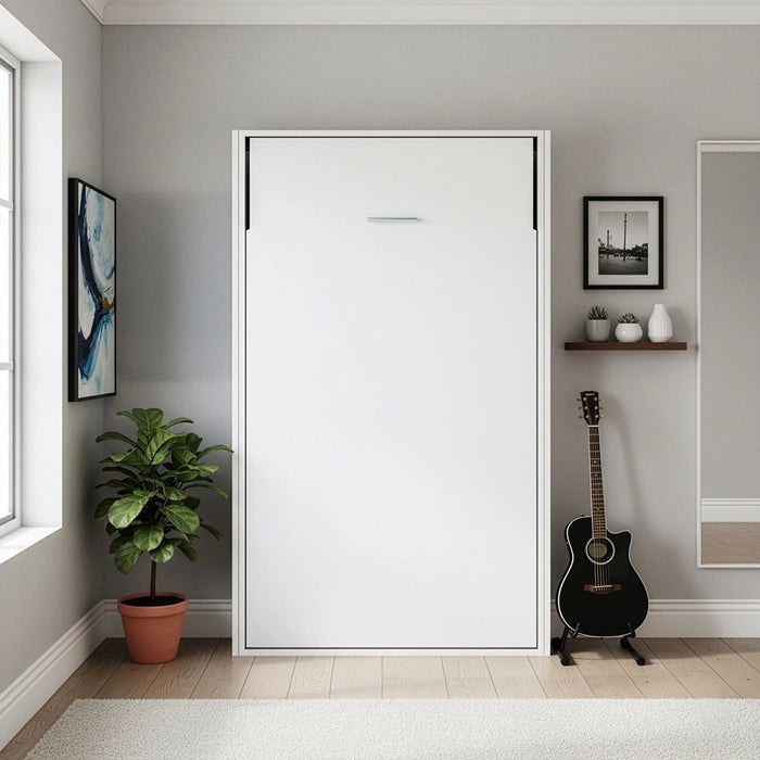 King-single Wall Bed in White Gloss – Space Saving Murphy Bed Kit with Silver Door Handle