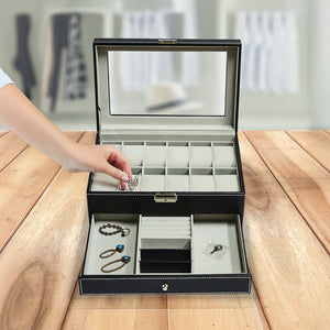 12 Grids Watch Display Case Leather jewellery Storage Box Organiser Lock Key