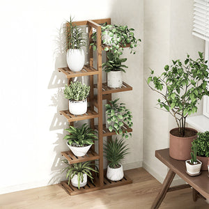 6 Tiers Vertical Bamboo Plant Stand Staged Flower Shelf Rack Outdoor Garden - Dark Wood