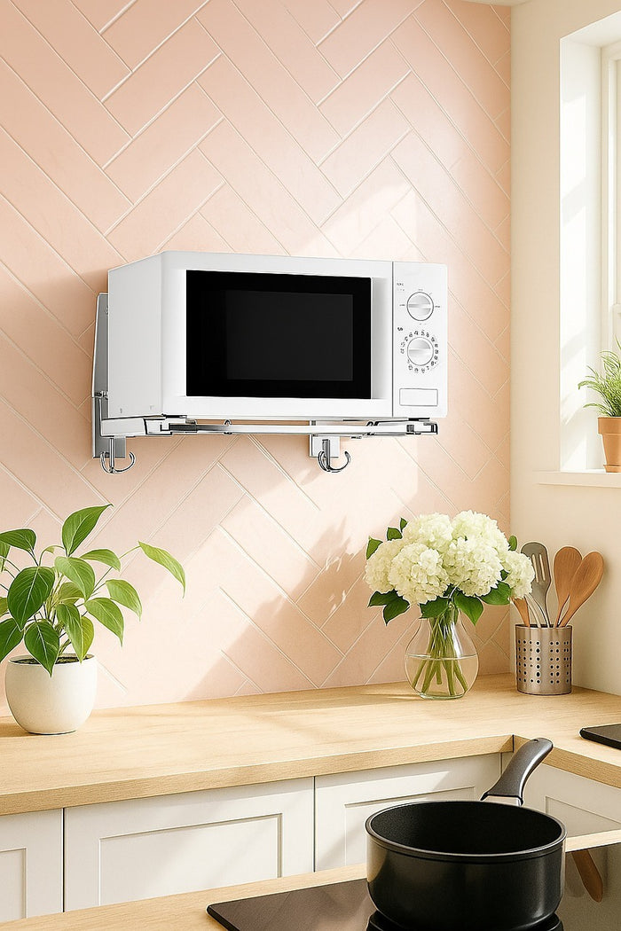 Stainless Steel Microwave Oven Wall Mount Bracket – Adjustable Shelf with Removable Hooks
